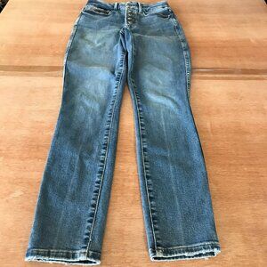 Good American Straight Leg Jeans Women 4/27 Blue High Rise Button Fly Stretch